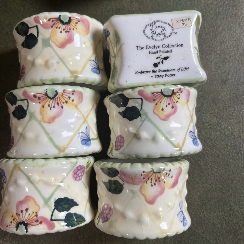 Tracy Porter The Evelyn Collection 6 Hand Painted Ceramic Napkin Rings Floral